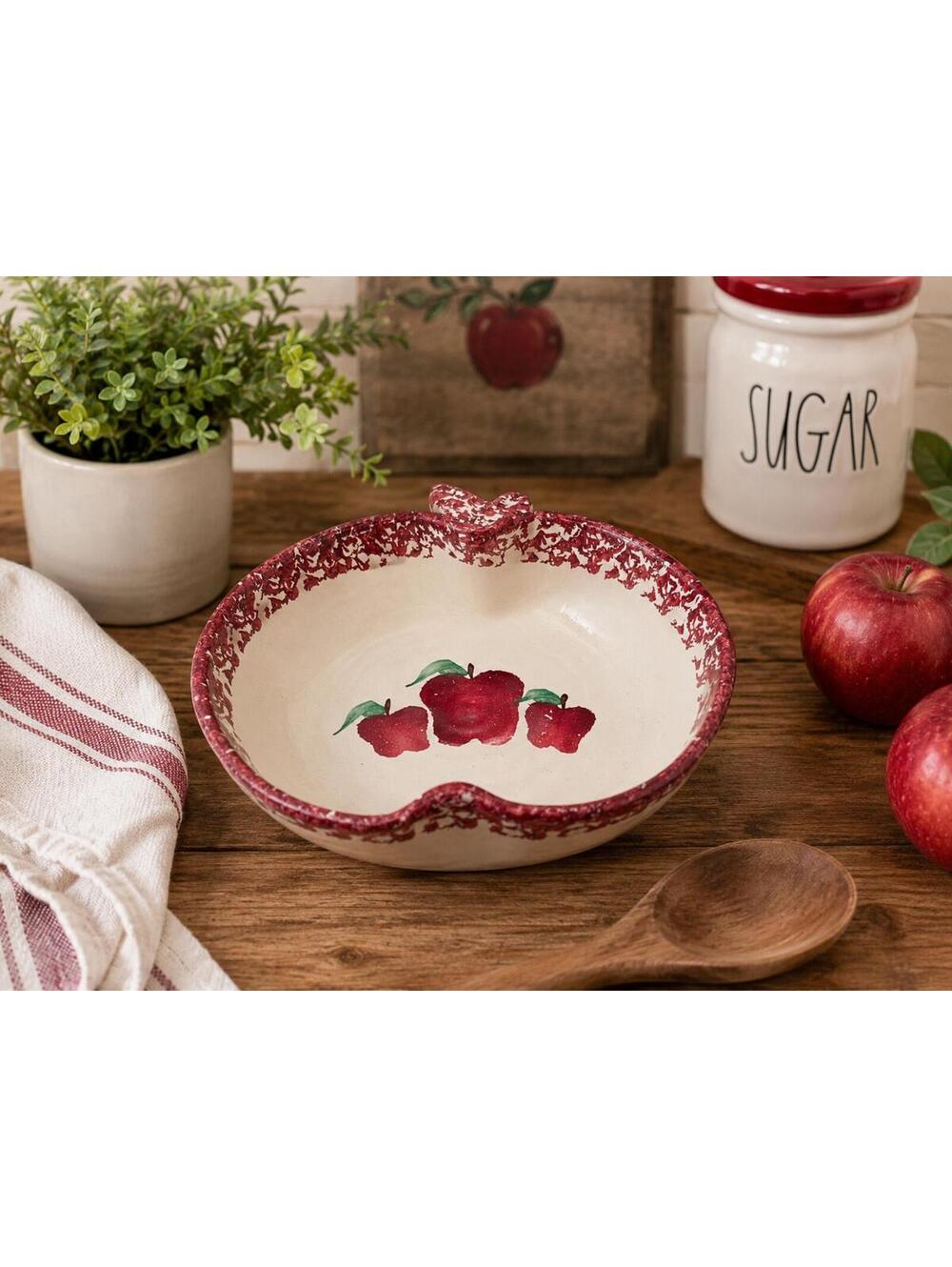 Vintage Washington Apple Pottery Apple Shape Dish w/Recipe Bottom Red Spongeware
